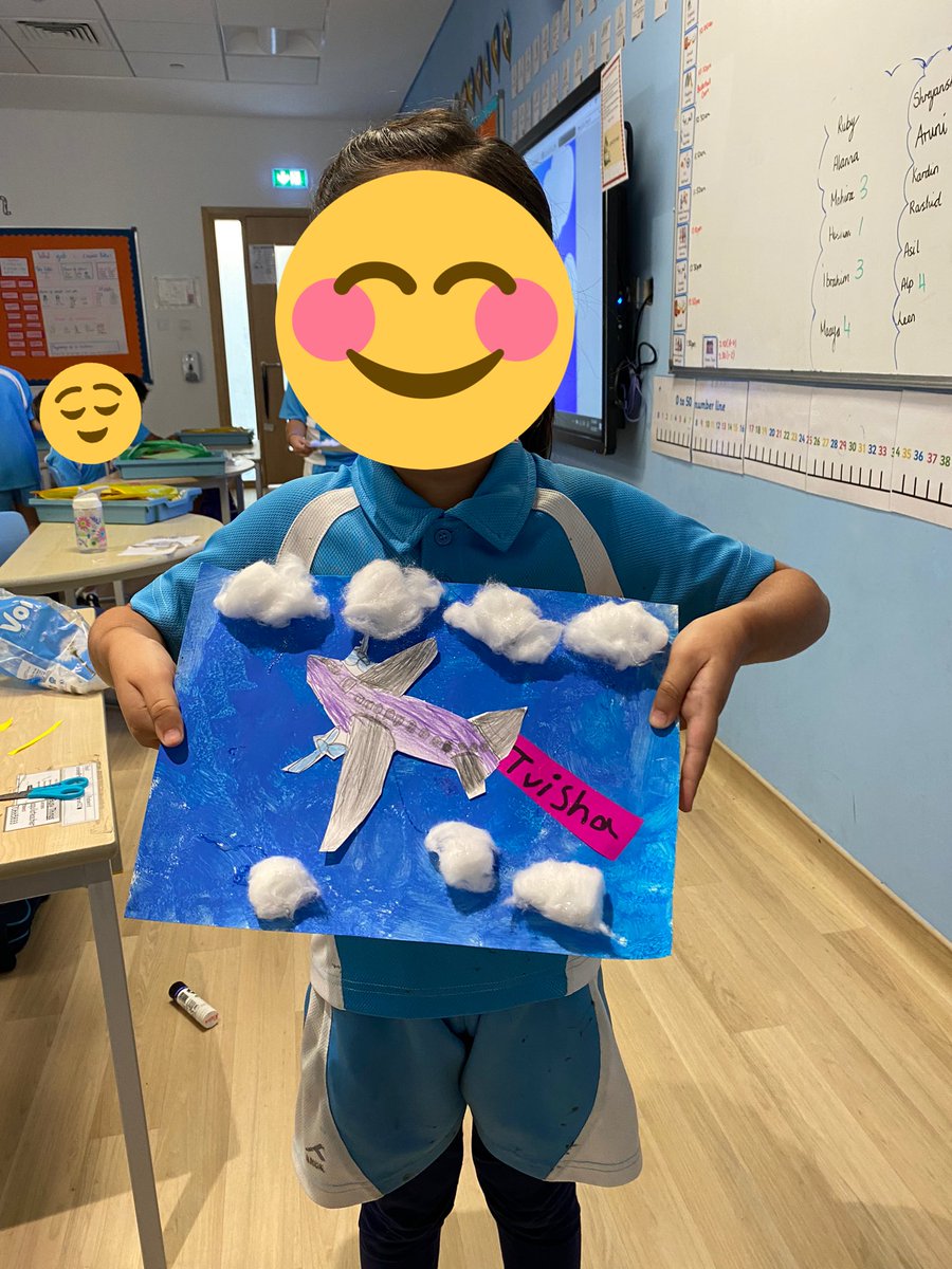 MissUnis's tweet photo. As part of our flight project, we created our own planes in the sky. We sponge painted the background and use a step by step tutorial on YouTube to help us draw the plane. We then used cotton balls to create a cloud effect. Don’t they look great 🤩🤩🤩 #flightproject #teachinuae https://t.co/PK0uOrpSwi