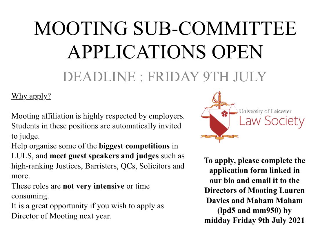 We are currently recruiting for the Mooting Sub-committee for 2021/22

A detailed description of each of the roles and what they entail can be found in the applications in our bio. 

The deadline for applications is Friday 9th July!