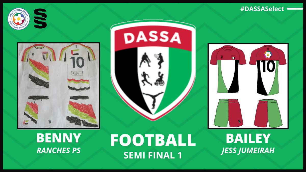 #DASSASelect 𝗙𝗢𝗢𝗧𝗕𝗔𝗟𝗟 𝗦𝗘𝗠𝗜 𝗙𝗜𝗡𝗔𝗟 𝟭 ⚽️

To round off our semi finals we have the <a href="/dassa_sports/">DASSA Sports</a> football design competition!

The first tie is between Benny (<a href="/RPSDubai/">RPS Dubai</a>) and Bailey (<a href="/JESSJumeirah/">JESS Jumeirah</a>).

Click below to place your vote👇

#GYSport | <a href="/surridgesportME/">Surridge Sport ME</a>