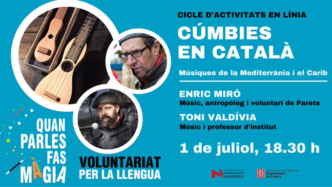 📢 Nova activitat en línia del <a href="/vxlcat/">Voluntariat per la llengua</a>: "Cúmbies en català. Músiques de la Mediterrània i el Carib", a càrrec d'Enric Miró (antic voluntari lingüístic) i la col·laboració de Toni Valdívia, músic (<a href="/tonvaldi/">Toni Valdívia</a>). 
🗓️01/7  
🕢18.30 h 
💻Teams
 Inscripció 👉breu.cpnl.cat/inscrsessvirt
