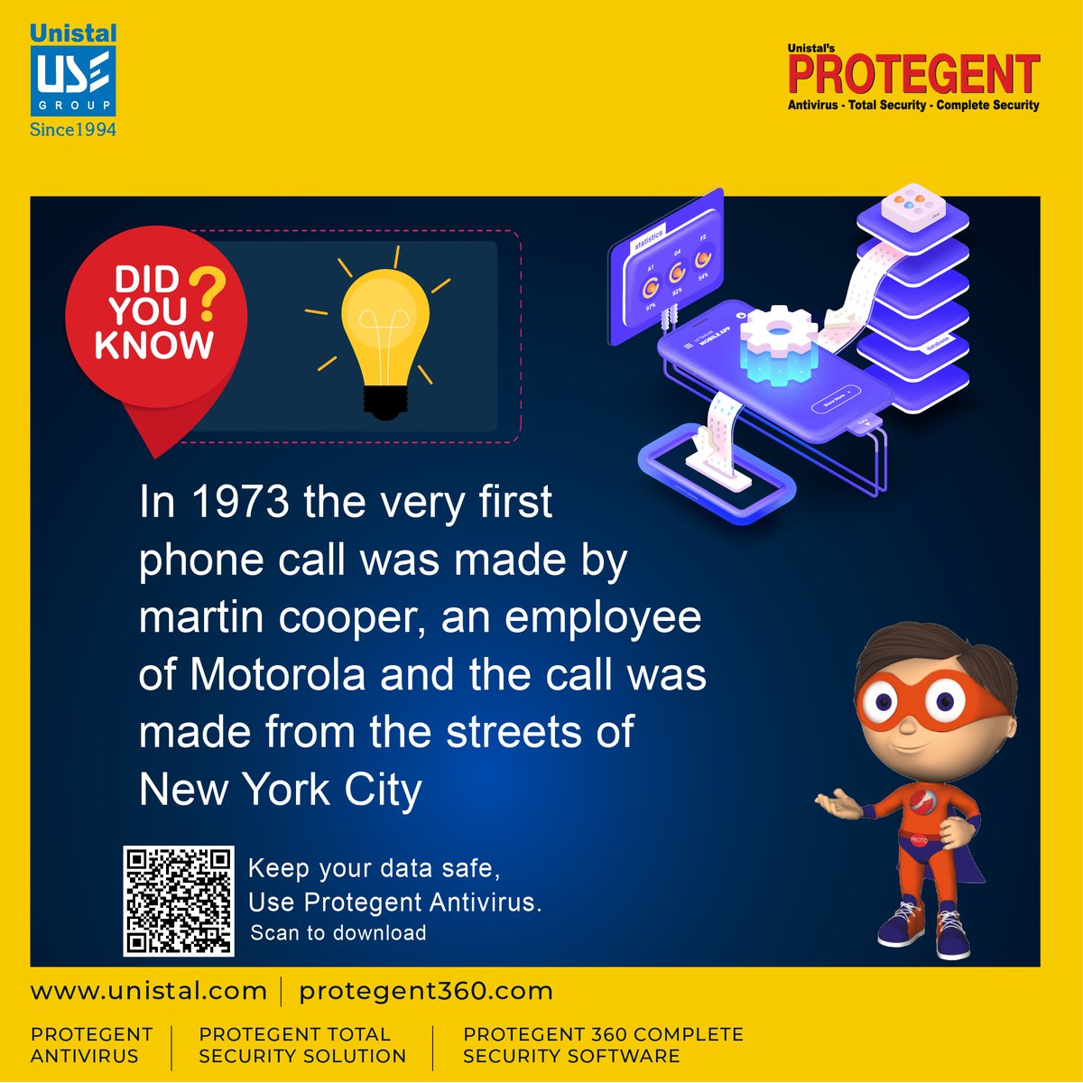 UnistalGlobal's tweet photo. #DidYouKnow; These facts about very first phone call?

#FunFacts; #Protegent is world's only #Antivirus with #datarecovery #software.

Website - https://t.co/1WdlrIVABH

#CyberSecurity #Unistal #UnistalSystems #crashproof #portlocker #totalsecurity #locatelaptop #sysboost https://t.co/4RCqCPSHYe