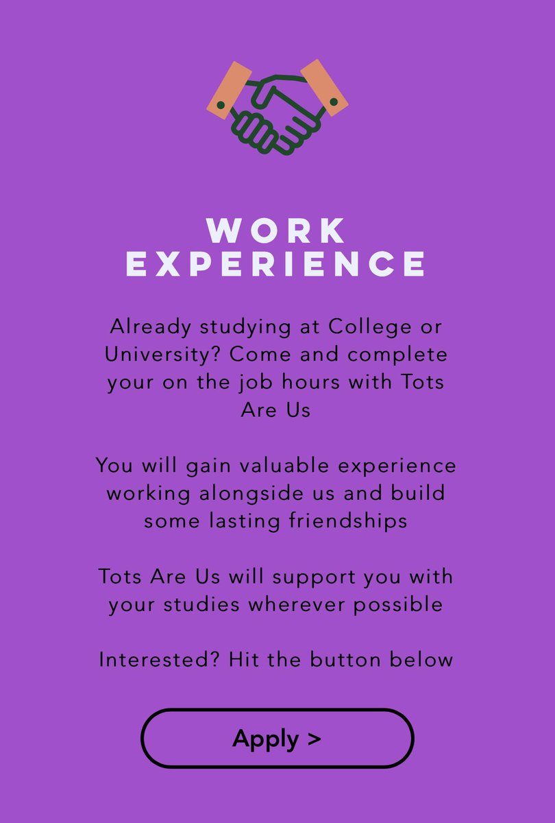 Did you know we offer work experience? Email claire@tots-are-us.co.uk or apply via the website tots-are-us.co.uk 

#eyfs #earlyyears #childminder #childcare #flexiblechildcare #gosforth #wideopen #fivemile #greatpark #newcastle #workexperience