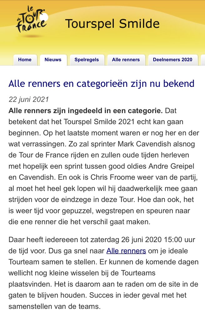 Tourspel Smilde (@tourspelsmilde) on Twitter photo Het is weer zo ver: Tourspel Smilde 2021. Ga snel naar tourspelsmilde.nl en start met het samenstellen van jouw tourteam. Alle renners zijn ingedeeld dus de lastigste puzzel van het jaar kan beginnen. Succes! #wielrennen #tourdefrance #zinin Het is weer zo ver: Tourspel Smilde 2021. Ga snel naar tourspelsmilde.nl en start met het samenstellen van jouw tourteam. Alle renners zijn ingedeeld dus de lastigste puzzel van het jaar kan beginnen. Succes! #wielrennen #tourdefrance #zinin