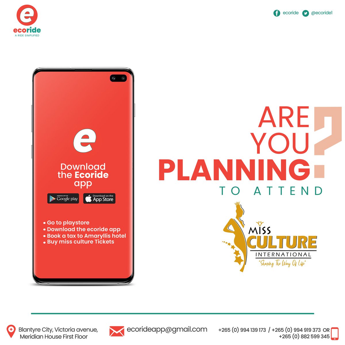 Ecoride1's tweet photo. Road to Miss Culture Malawi 2021

Download Ecoride App and hire a taxi through the App #LetUsTakeYouToAmaryllis
#SafeRide
#RideSimplified
#MissCultureMalawi
#OfficialSponsor https://t.co/bvMFXTOErD