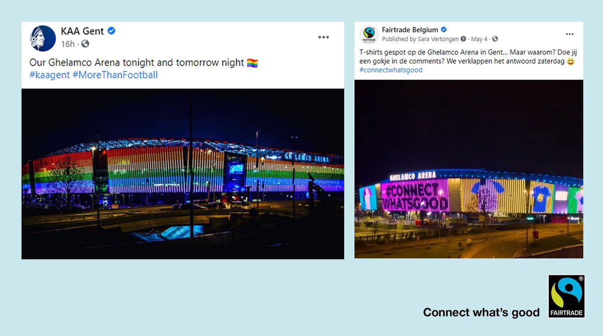 #Fairplay, #equalgame and #connectwhatsgood, it's a 'match' made in heaven! Thanks again for the support <a href="/KAAGent/">KAA Gent</a> <a href="/Stadgent/">Stad Gent</a> for displaying our fair T-shirts on the Ghelamco Arena a while back - your commitment for things that matter is so great to see 🙌