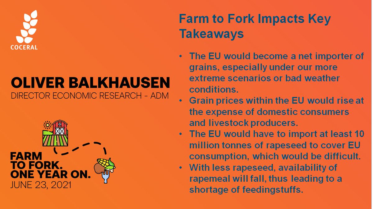 COCERAL_EU's tweet image. First key impact of the #EUFarmtoFork on grain and oilseeds projection is that the EU will become a net importer of grains 🍞🌽➡️🇪🇺

Oilseeds imports would grow further (from current levels).

Under discussion at the COCERAL #F2FOneYearOn event.