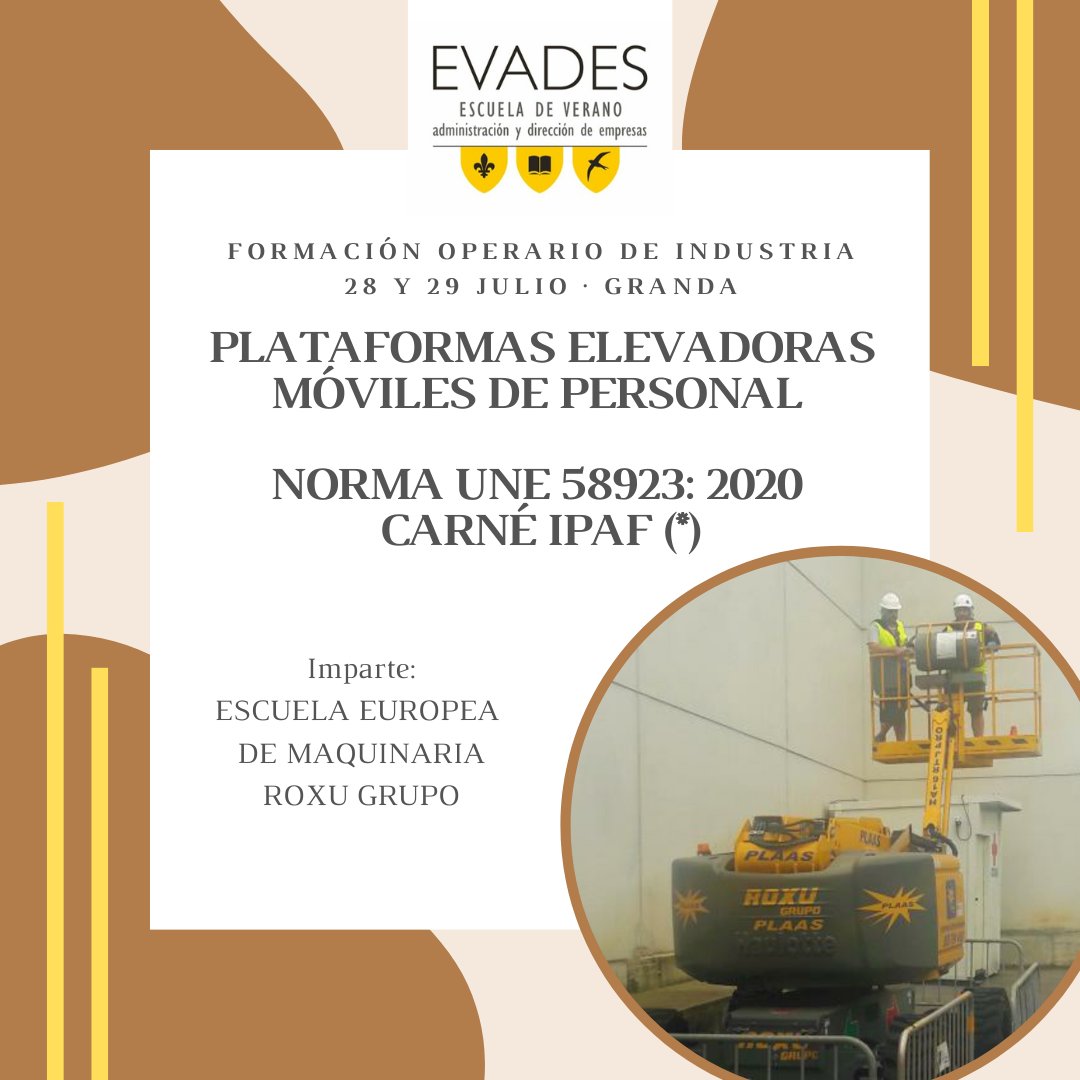 EVADES1's tweet photo. ¿Quieres conseguir nuevas oportunidades laborales?
Curso “Plataformas elevadoras móviles de personal” #CarneIPAF con Escuela Europea Maquinaria #RoxuGrupo
Convenio especial #EVADES2021. PLAZAS LIMITADAS
Info e inscripciones https://t.co/RomAFsA3bs
#operarioindustria #maquinaria https://t.co/EnKi6JASET