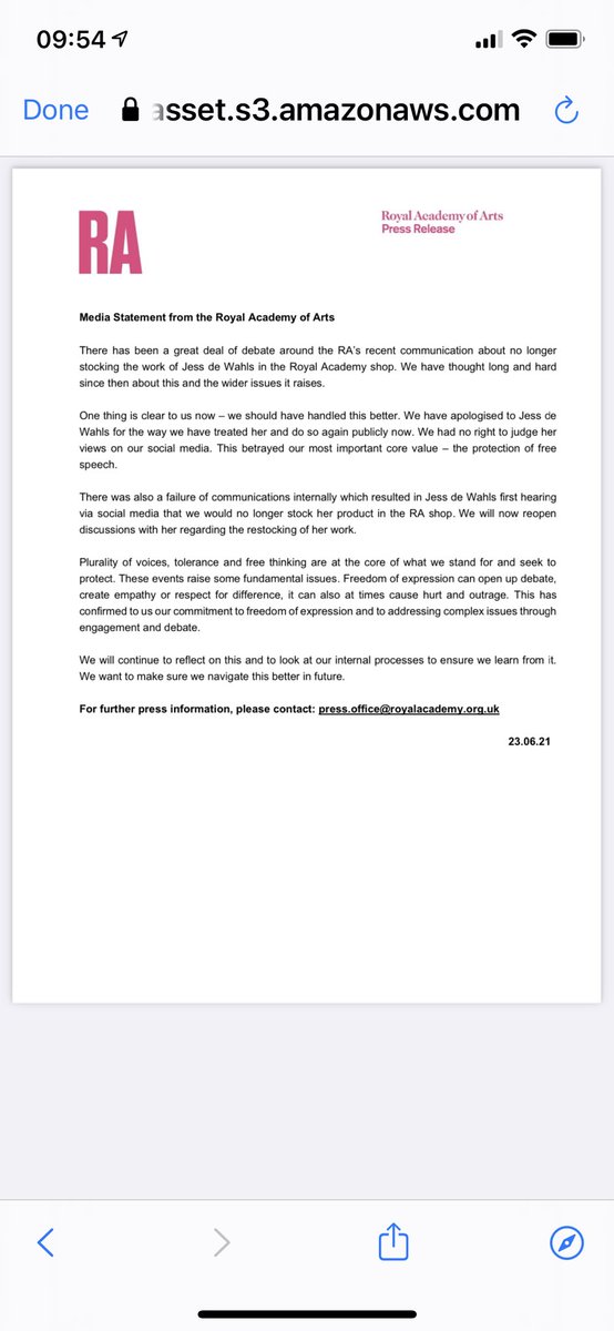 manick62's tweet photo. The @royalacademy issues a public statement on its censorious public act against  @JessDeWahls’s character, her products were removed from its shop due to a handful of spurious claims that her gender critical views were “perceived” to be transphobic. This is a victory ✊🏾🗣 https://t.co/POBa3hvPG9