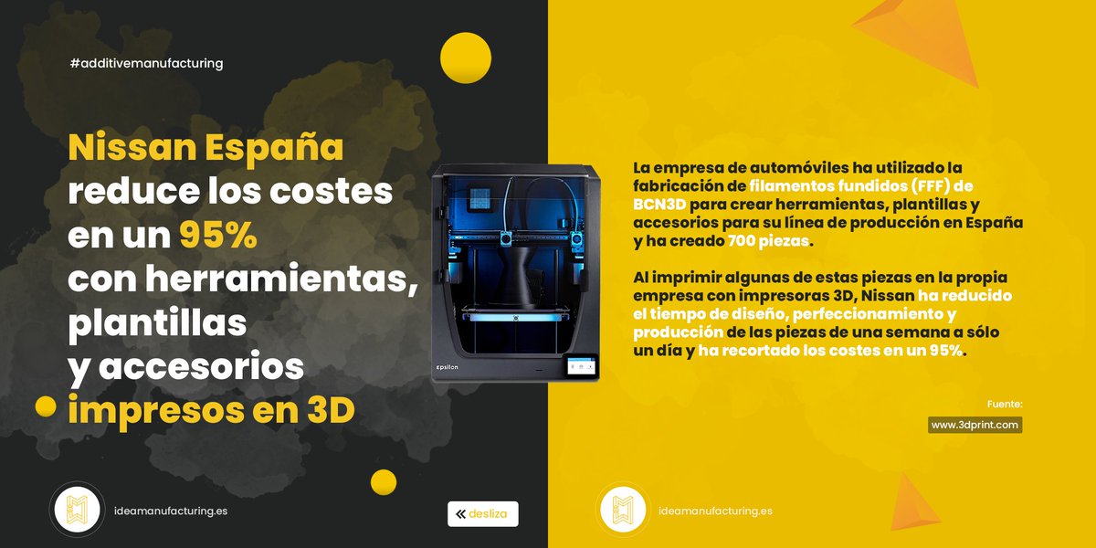 ManufacturingID's tweet photo. 🚗Nissan España reduce los costes en un 95% con herramientas, plantillas y accesorios impresos en 3D.

Fuente: https://t.co/oy4XSf4GH8

https://t.co/eqOk4FPLBh

#IdeaManufacturing #AdditiveManufacturing #3dprinting #impresion3d #3dprint #3dart #3dmodel #3ddesign #3dprinted https://t.co/oyYm0ChQPQ