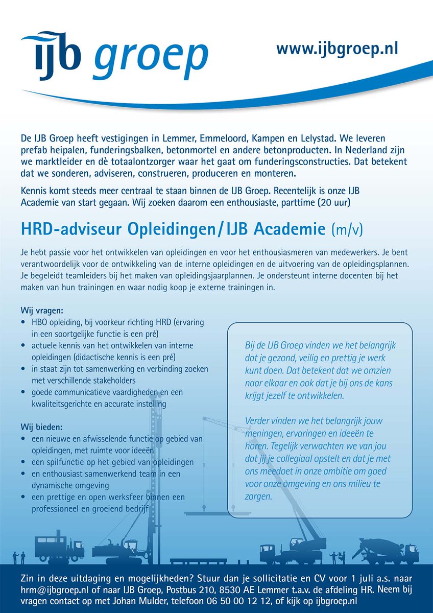 Voor de IJB Academie zoeken we een parttime HRD-adviseur Opleidingen. Heb jij actuele kennis van en ervaring met het ontwikkelen van interne opleidingen? Kijk dan snel op: ijbgroep.nl/ijb-groep/werk…