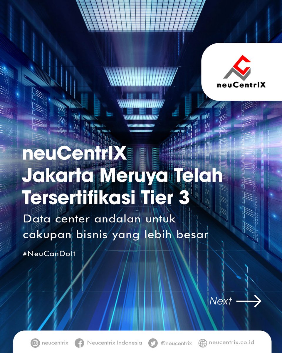 neucentrix's tweet photo. Data center neuCentrIX yang telah tersertifikasi Tier 3 bertambah lagi. Pencapaian ini merupakan pembuktian bagi Telkom Indonesia atas komitmennya mengembangkan ekosistem digital di Indonesia.

#neuCentrIX #NeuCanDoIt
#DataCenter #DataCenterColocation https://t.co/1uag92xZX5
