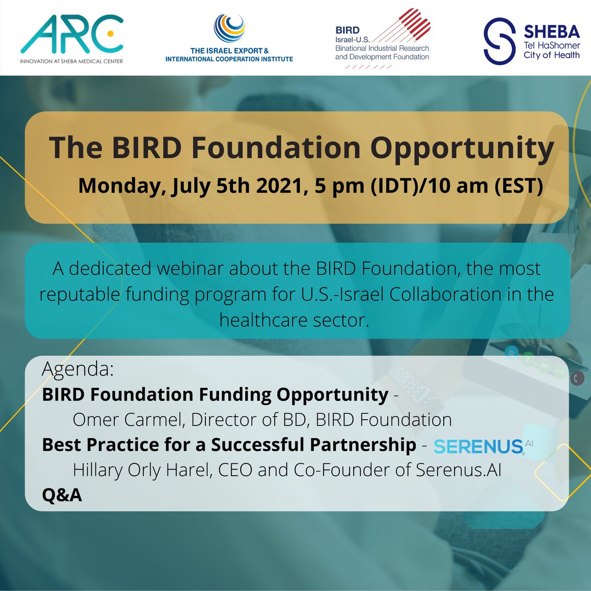 BIRDFoundation1's tweet photo. Calling #healthcare innovators! BIRD is teaming up with @SHEBA_ and @IsraelExport to discuss BIRD's unique funding opportunity for tech-savvy 🇮🇱 companies seeking strategic 🇺🇸 partners and a fast track to the US market.
🗓 July 5 @ 5pm Israel | 10am EST
➡️ https://t.co/LuKyG5GXqy https://t.co/qgctVvwqda