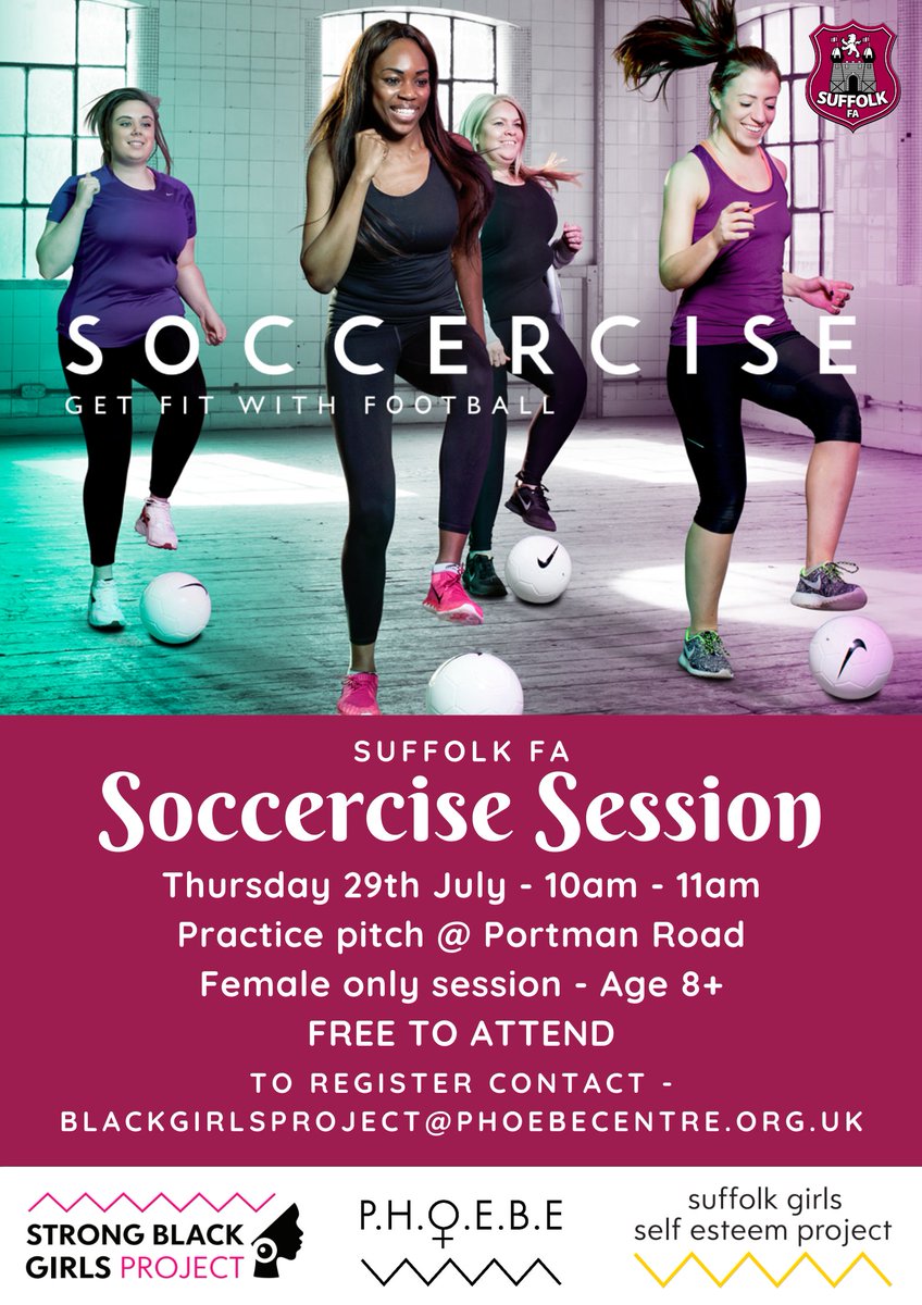 SuffolkFA's tweet photo. ⚽ SOCCERCISE SESSION ⚽
📅 Thursday 29th July
🕙 10am - 11am
🏟️ Portman Road
Female only session - Age 8+
FREE to attend
❌No prior football experience needed!
🖊️Register your interest below
@PHOEBEIPS
#ThisGirlCan #Soccercise #FootballForAll #LetsGo https://t.co/Iky9ugvld8