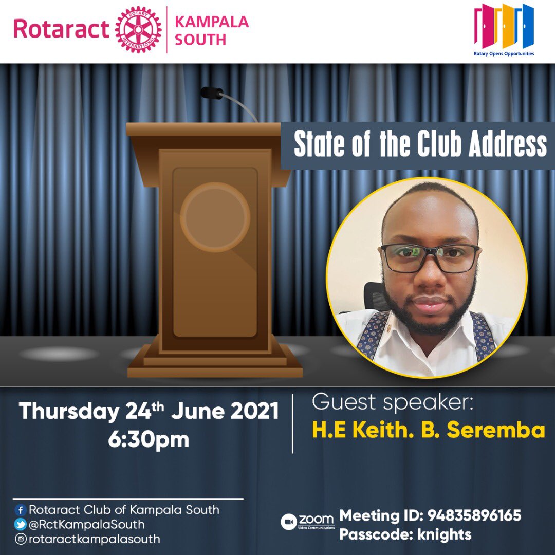 rctkampalasouth's tweet photo. Hello good people 😃,

As we close the Rotary year, tomorrow the Chief Knight @KeithSeremba will be giving the State of the Club Address. https://t.co/cNbjWKZzCX