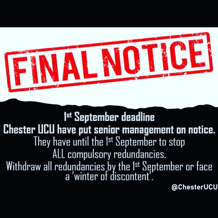 ChesterUcu's tweet image. Members have just overwhelmingly passed a motion agreeing to keep up the pressure on management to meet our deadline of the 1st September to withdraw ALL compulsory redundancies