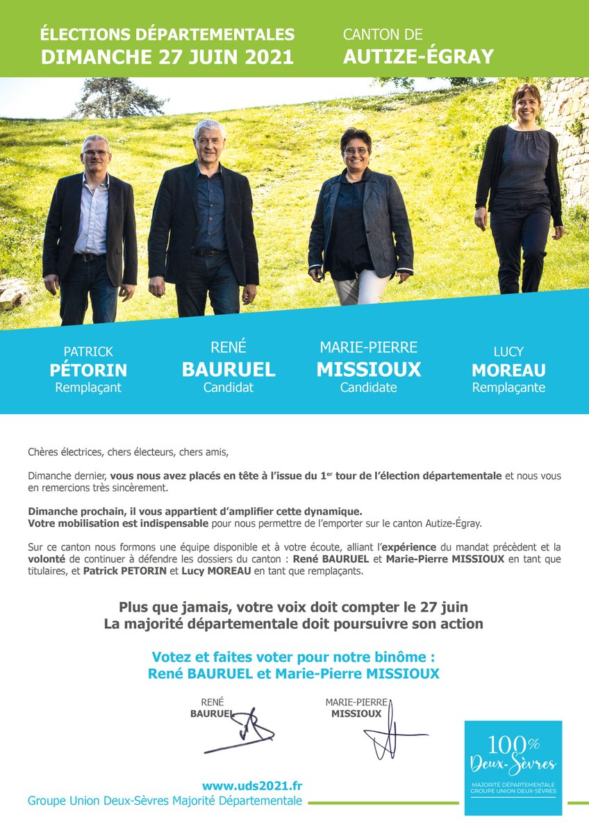 MariePiMissioux's tweet photo. Plus que jamais, votre voix doit compter le 21 juin, la majorité départementale doit poursuivre son action. Comptez sur le binôme que nous formons avec @renebauruel, et nos remplaçants @LucyMoreau_LM et Patrick Pétorin pour faire rayonner le canton #AutizeEgray @100_deux https://t.co/oWHJ1fWd4n