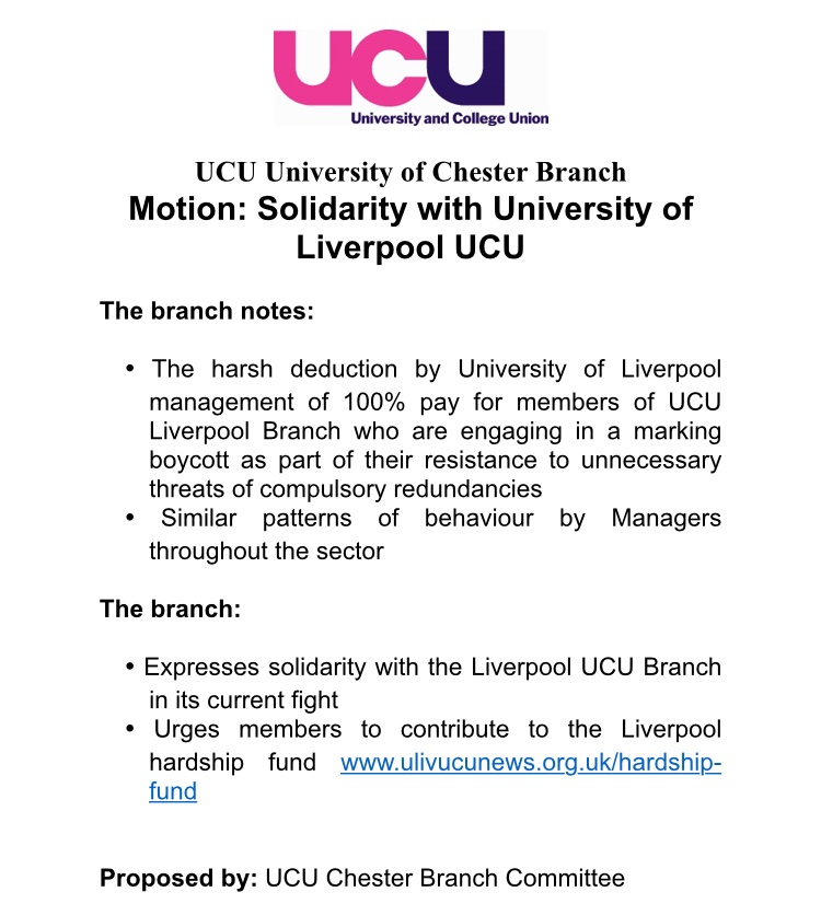 ChesterUcu's tweet image. Chester UCU have just unanimously passed a solidarity motion with @ULivUCU2 and pledged to support their hardship fund. The way staff and students are being treated is a disgrace and we stand in solidarity with them.