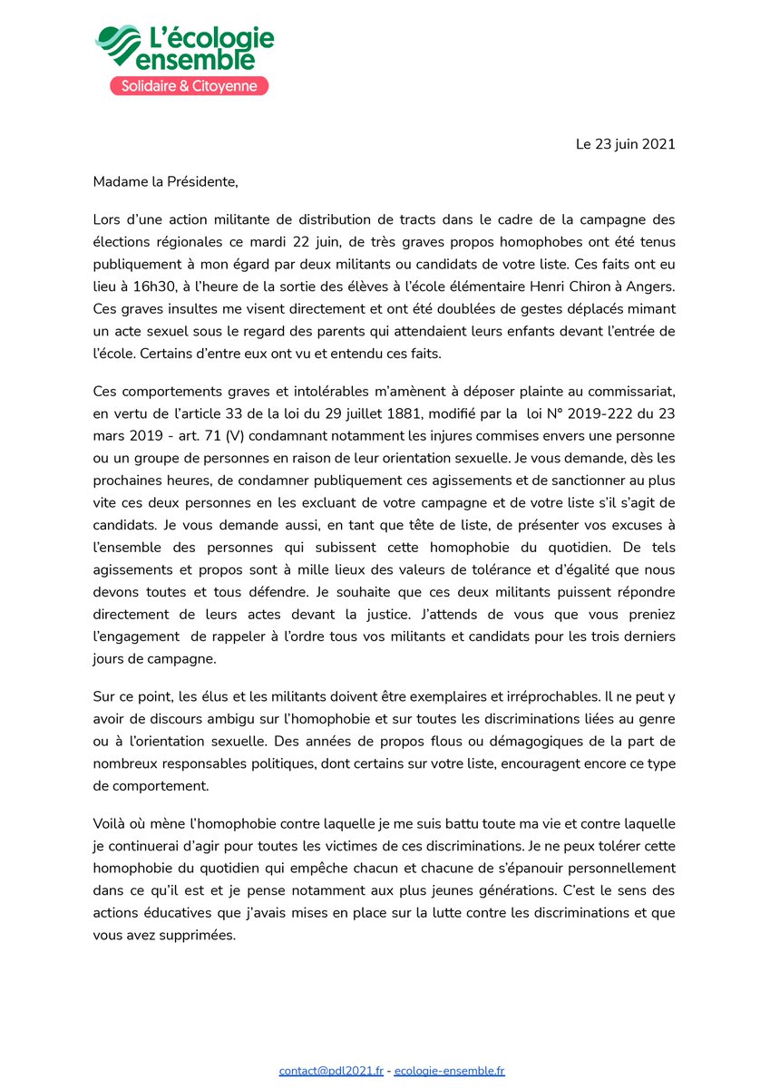 M_Orphelin's tweet photo. La lutte contre toutes les discriminations est au cœur de mon engagement politique.
Grave dérapage de l'équipe de Christelle Morançais, hier à Angers, avec des injures publiques homophobes à mon égard.
Mon courrier ⤵️ https://t.co/7kFXU7zaPl