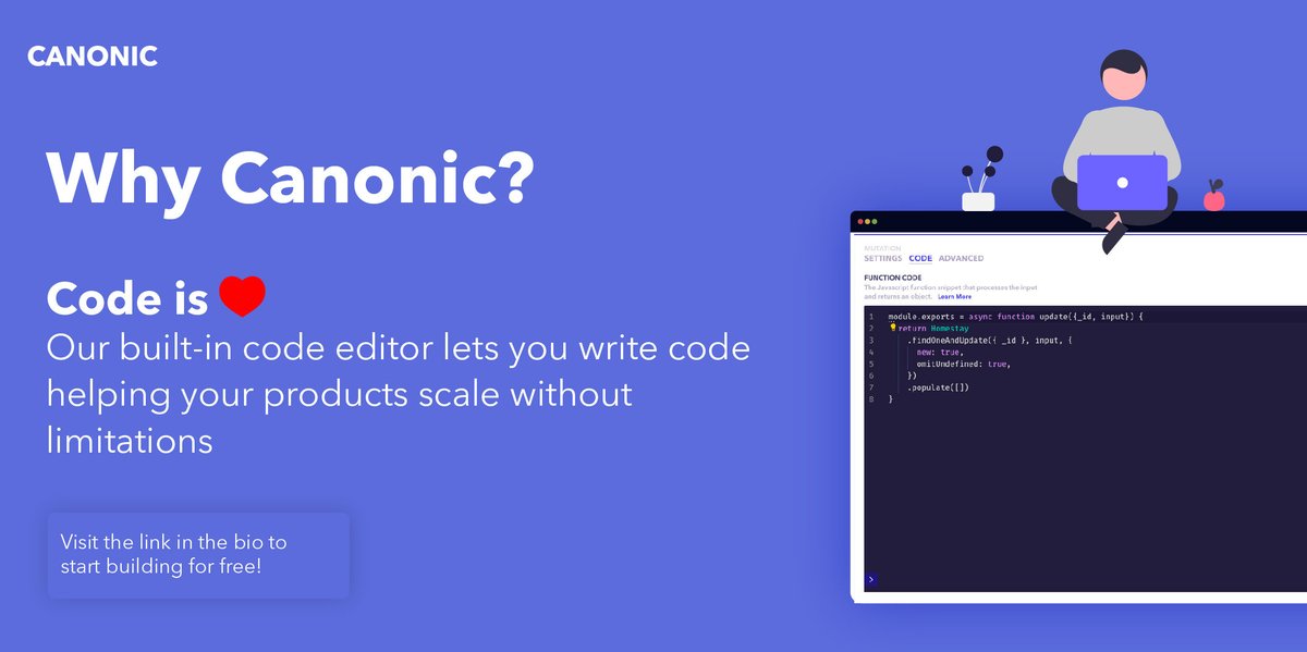 CanonicHQ's tweet image. Write your business logic without being limited by #nocode.
Our built-in code editor helps you to write code in the cloud.
#codeoptional #productivity #developertool