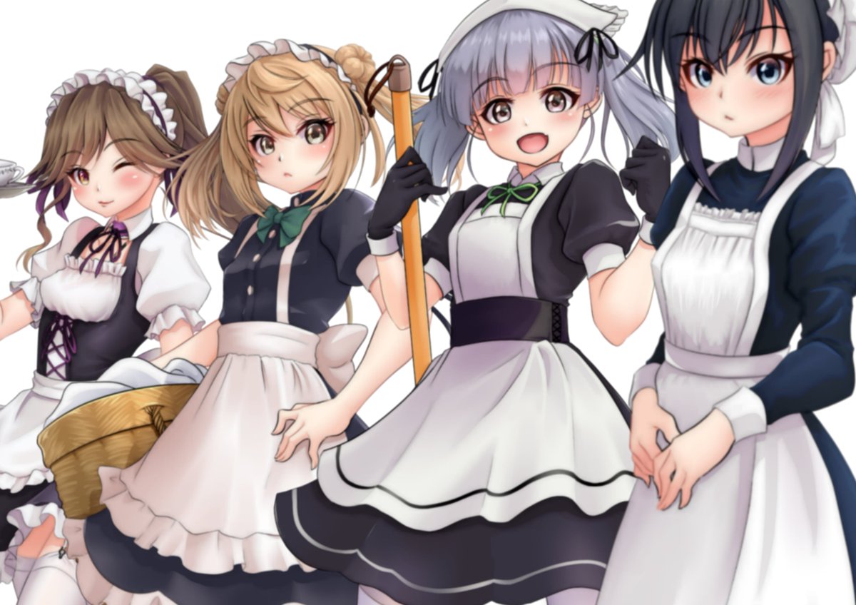 arashio (kancolle) ,asashio (kancolle) ,michishio (kancolle) ,ooshio (kancolle) maid multiple girls enmaided 4girls apron twintails double bun  illustration images