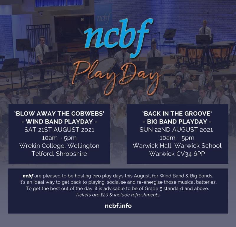 NCBF are pleased to be hosting two 'play days' this August for Wind Band &amp; Big Band musicians! An ideal way to get back to playing, socialise &amp; re-energise those musical batteries.

Info &amp; Tickets: ncbf.info

#candomusic