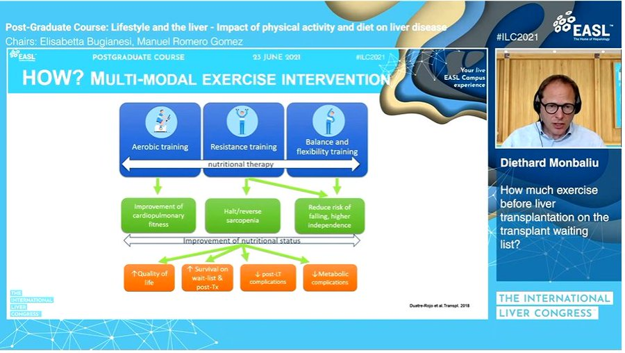 EASL Education (@easledu) on Twitter photo Diethard Monbaliu LIVE from #ILC2021 talking about how prehabilitation can decrease fraility prior to liver transplant and lead to increase success.
"Waiting time should be training time"
<a href="/EASLnews/">EASLnews</a> <a href="/SaSi_Lens/">Sabela Lens García</a> <a href="/salvatore_piano/">Salvatore Piano</a> <a href="/Melum_E/">Espen Melum</a>
<a href="/Liver_Lab_MHH/">Liver Cancer Lab</a> <a href="/Dr_Ampuero/">Javier Ampuero</a> <a href="/FRPonziani/">Francesca Romana Ponziani</a> Diethard Monbaliu LIVE from #ILC2021 talking about how prehabilitation can decrease fraility prior to liver transplant and lead to increase success.
"Waiting time should be training time"
<a href="/EASLnews/">EASLnews</a> <a href="/SaSi_Lens/">Sabela Lens García</a> <a href="/salvatore_piano/">Salvatore Piano</a> <a href="/Melum_E/">Espen Melum</a>
<a href="/Liver_Lab_MHH/">Liver Cancer Lab</a> <a href="/Dr_Ampuero/">Javier Ampuero</a> <a href="/FRPonziani/">Francesca Romana Ponziani</a>
