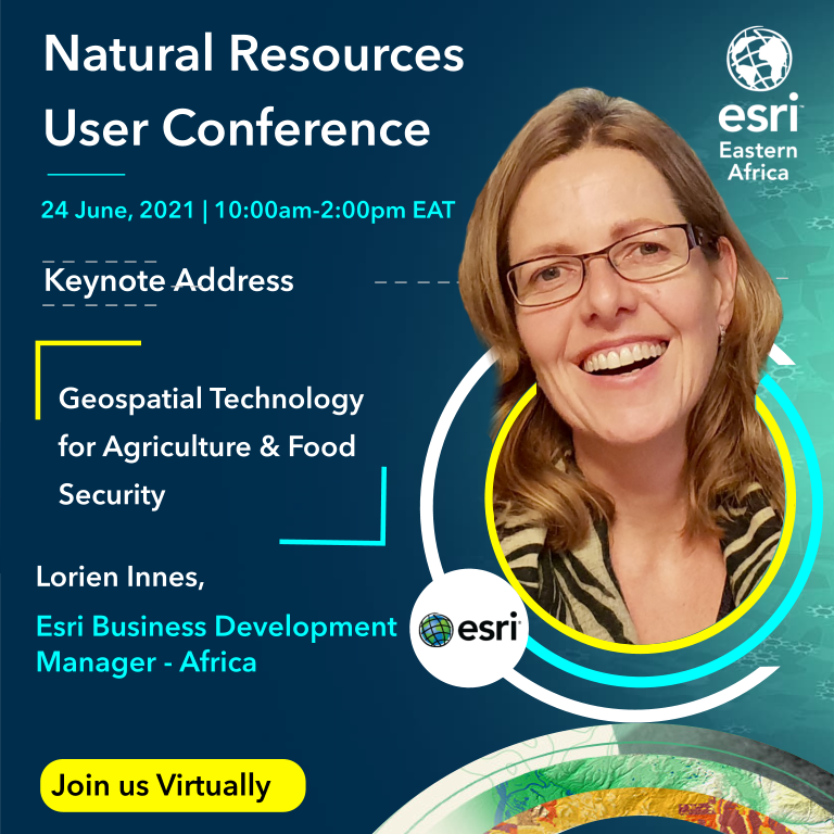 Join us for the Esri Keynote on Geospatial Technology for Agriculture and Food Security by <a href="/lorieninnes/">Lorien Innes</a> at the Natural Resources User Conference on Thursday, 24 June 2021 from 10am - 2pm EAT <a href="/EsriMEA/">Esri in the Middle East & Africa Region</a> 
Complimentary Registration  Here 👉🏿bit.ly/_NRUC 
#NRUC