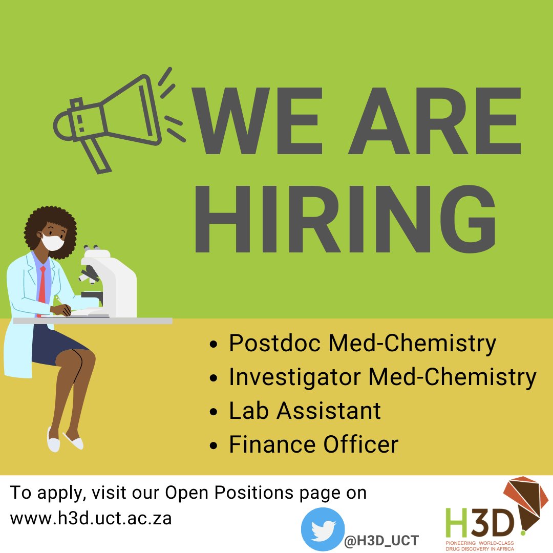 H3D_UCT's tweet image. We have new positions available! Visit our website and find out more: h3d.uct.ac.za/h3d/careers/op… #vacancies
@Kelly_Chibale