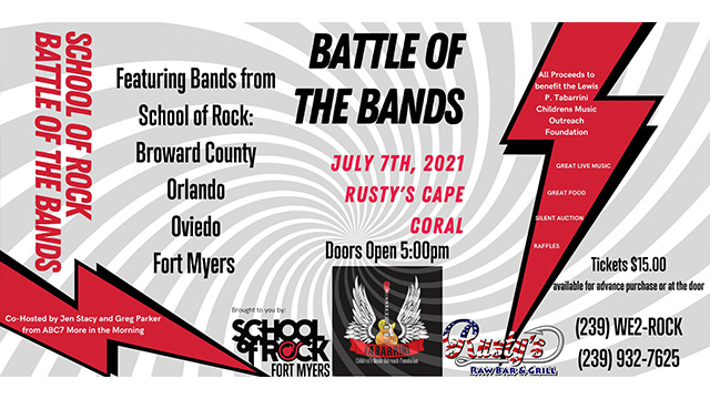 Music_Outreach's tweet photo. Join us July 7th as School of Rock Fort Myers and Rusty's Raw Bar Cape Coral brings you The School of Rock Battle of the Bands. An epic showdown between 4 School of Rock house bands! #livemusic #SWFL #CapeCoral https://t.co/CDLclDrzlI