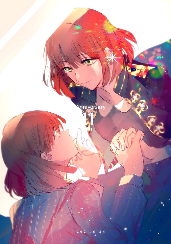 2girls multiple girls holding hands jewelry earrings looking at another brown hair  illustration images