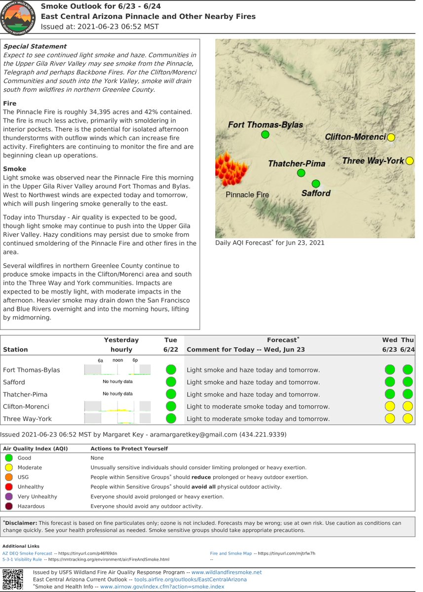 PinnacleInfo21's tweet image. Air quality expected to be good, though light smoke may continue to push into the Upper Gila River Valley. Hazy conditions may persist due to #PinnacleFire wildlandfiresmoke.net/outlooks/EastC…