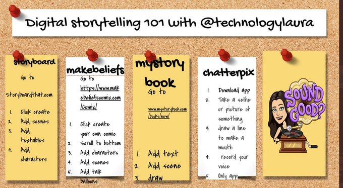 technologylaura's tweet photo. Here are 4 graphics that provide resources in various areas #edtech

1. #SEL @PearDeck @Mentimeter @Flipgrid
2. #elearning tools  @quizizz @SlidesManiaSM 
3. Amplify student voice  @anchor @Flipgrid
@vocaroo @Screencastify
4. Digital Storytelling @StoryboardThat @ChatterPixIt https://t.co/RsBjhR6x9w