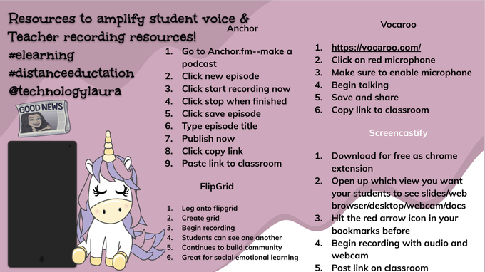 technologylaura's tweet photo. Here are 4 graphics that provide resources in various areas #edtech

1. #SEL @PearDeck @Mentimeter @Flipgrid
2. #elearning tools  @quizizz @SlidesManiaSM 
3. Amplify student voice  @anchor @Flipgrid
@vocaroo @Screencastify
4. Digital Storytelling @StoryboardThat @ChatterPixIt https://t.co/RsBjhR6x9w