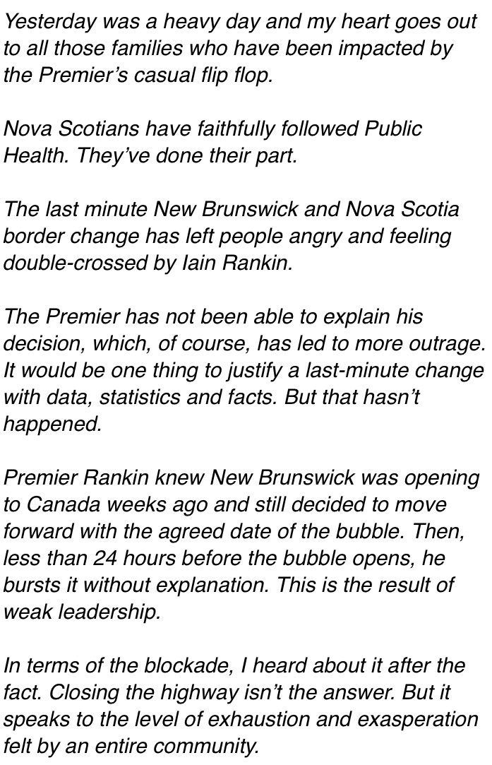 NatashaPace's tweet photo. “Closing the highway isn’t the answer. But it speaks to the level of exhaustion and exasperation felt by an entire community,” says Nova Scotia PC leader Tim Houston. Full statement from Houston on the protest at the NS/NB border here: https://t.co/NTSCHauPKJ