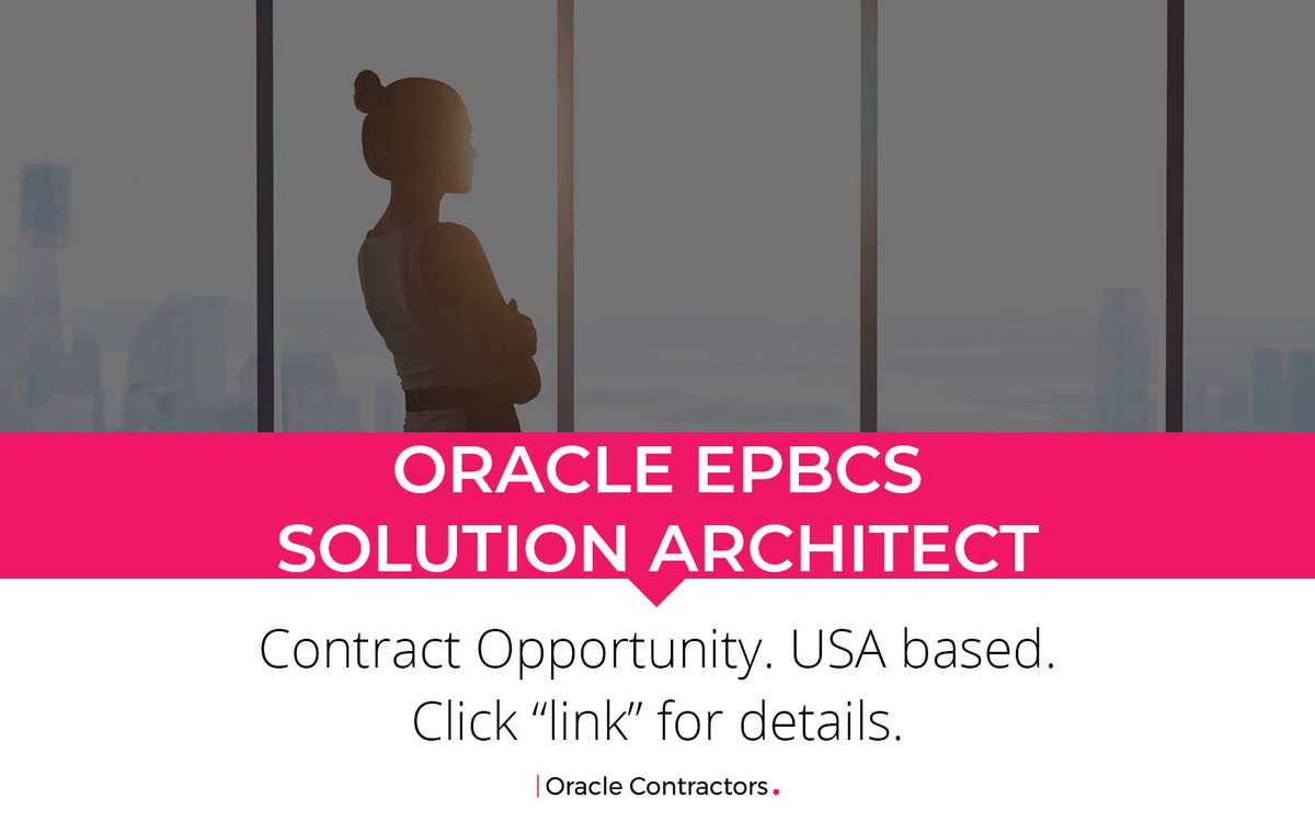 Oracle_Global's tweet image. CONTRACT OPPORTUNITY: EPBCS Solution Architect
Rate:$USD100 per hour.
Location:#USA #Remote.
For details click here:ow.ly/mXB350Ff6Pn

#oraclecontractors #contract#techjobs Oracle #oraclejobs#oracle #newopportunity #HR #Cloud #EPBCS#Solution #Architect Oracle #jobs @Oracle