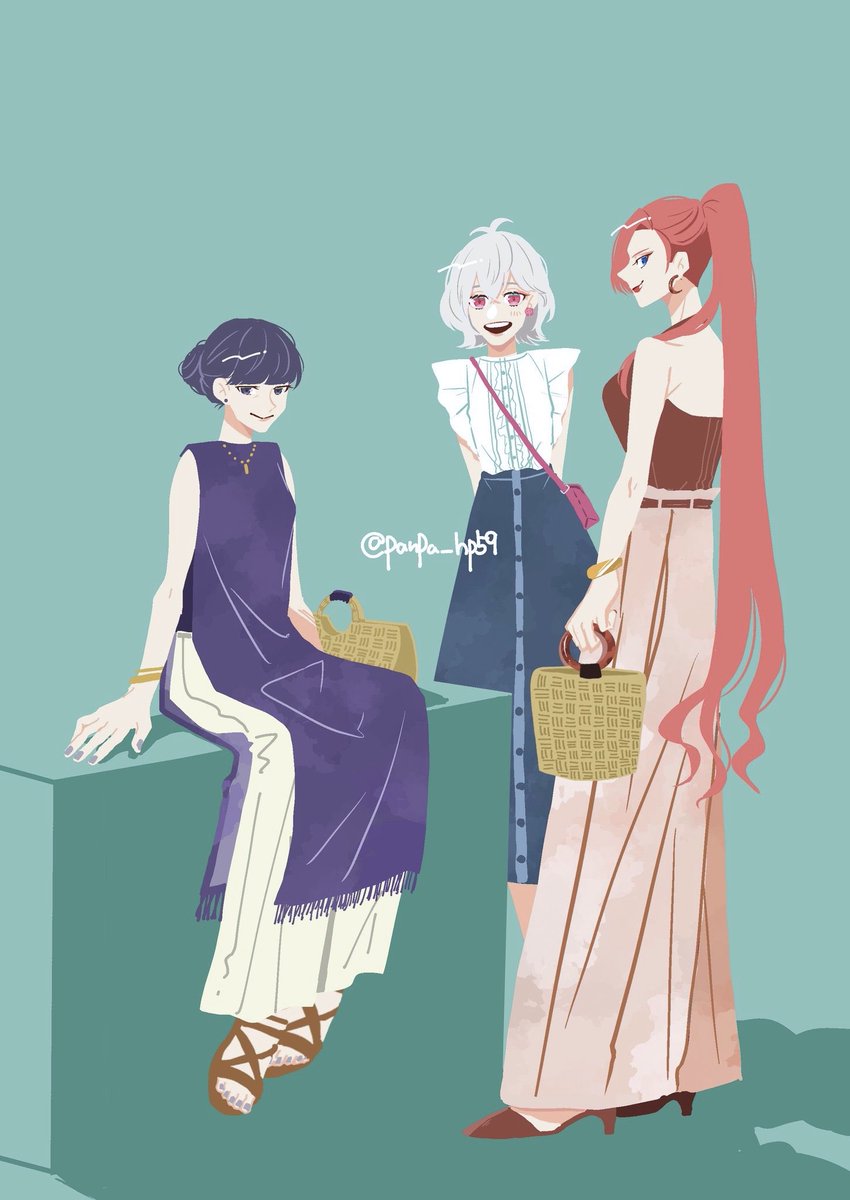 multiple girls 3girls short hair long hair handbag red hair white hair  illustration images