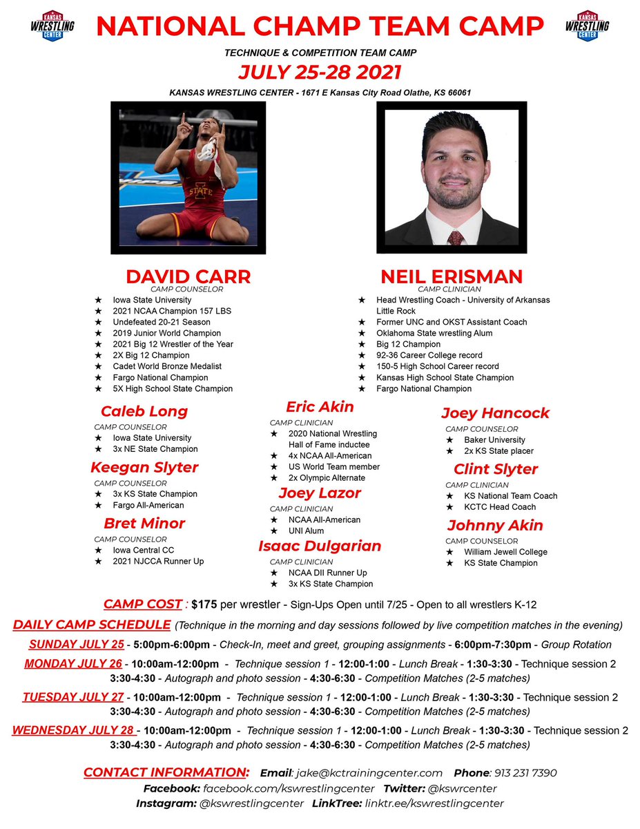 KSWRcenter's tweet photo. 🚨BIG TIME CAMP OPPORTUNITY!🚨
Undefeated 2021 NCAA Champion David Carr and University of Arkansas Little Rock Head Coach Neil Erisman are coming to Olathe, Kansas on July 25th through July 28th! Details are on the flier

ONLINE REGISTRATION LINK: https://t.co/6XgnQCfXPg https://t.co/Ir1O81Fy0K