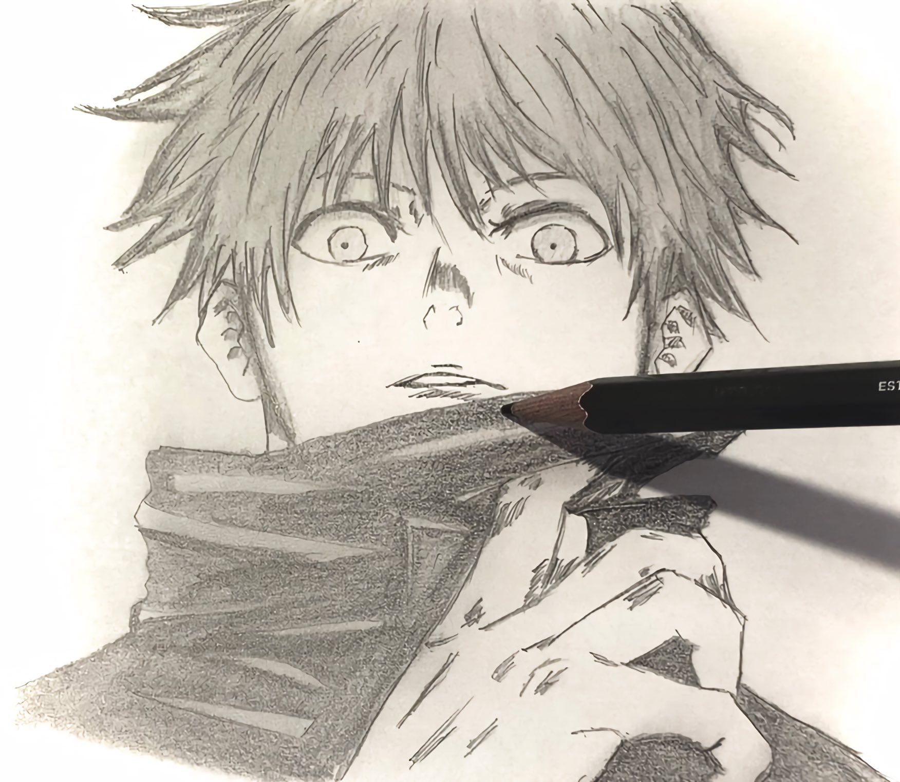 Twitter 上的 Eto イラスト依頼受付中 鉛筆で五条悟描いてみました ﾟ D ﾟ 呪術廻戦 五条悟 イラスト イラスト好きな人と繋がりたい イラスト好きさんと繋がりたい 絵 アニメ アニメ好きと繋がりたい アニメ好きな人rt いいね アニメ垢と繋がりたい