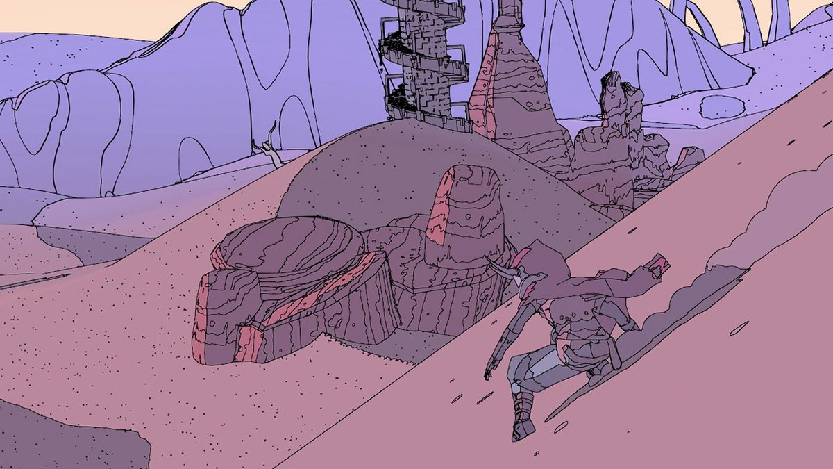 A character sliding down a dune in Sable, with rock formations in the distance.