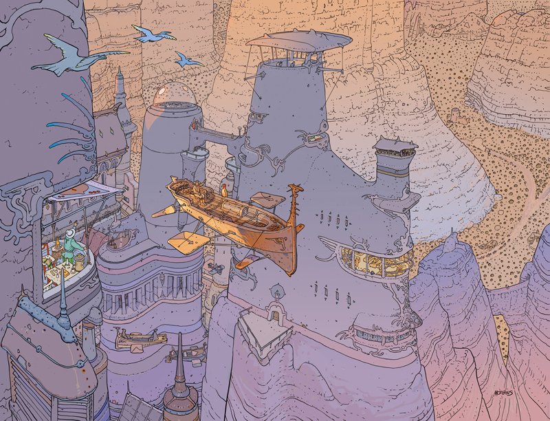 A ship flying over rock formations with houses build on them