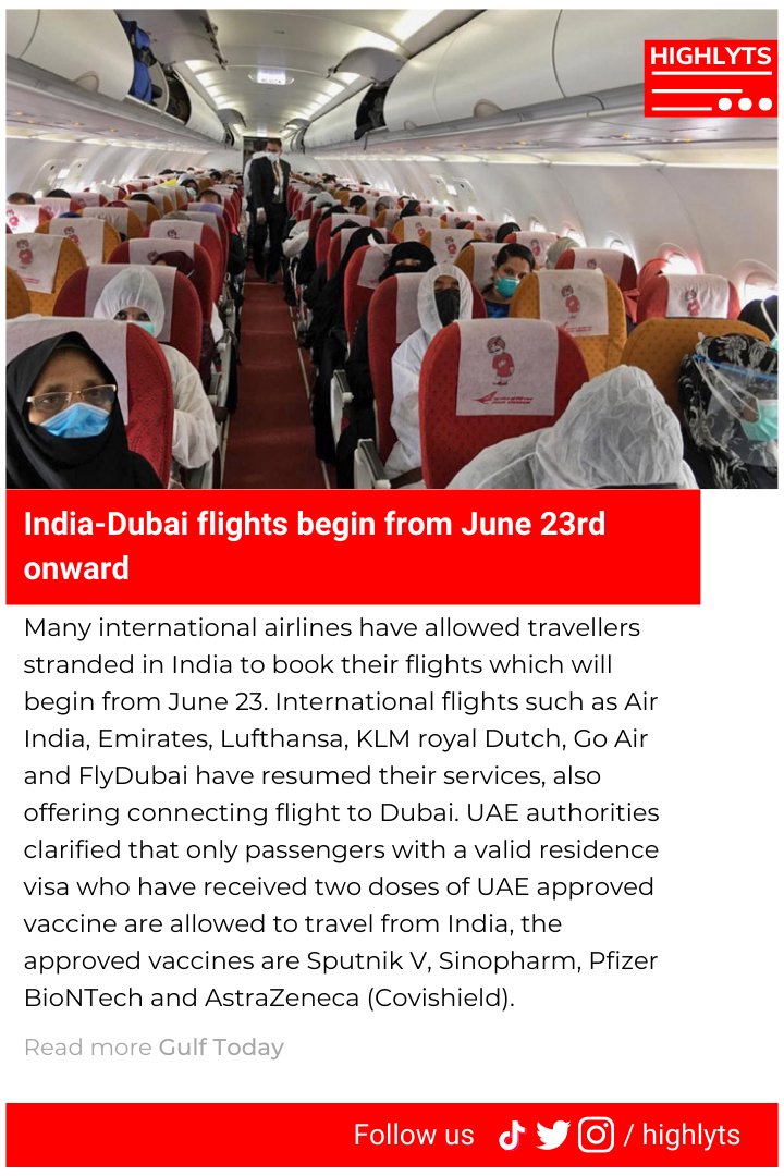 Highlyts1's tweet photo. India-Dubai flights begin from June 23rd onward. Read more. Read more..

#indiauae #dubaiflights #flightban #UAE #uaenews https://t.co/UVKnfRDgYl