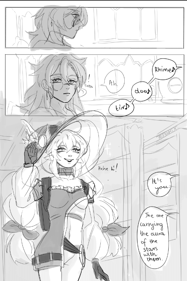 sketch of the first out of ....some pages 🤭✨🔥

what if rhinedottir-> albedo/alice->traveler parallels👀 