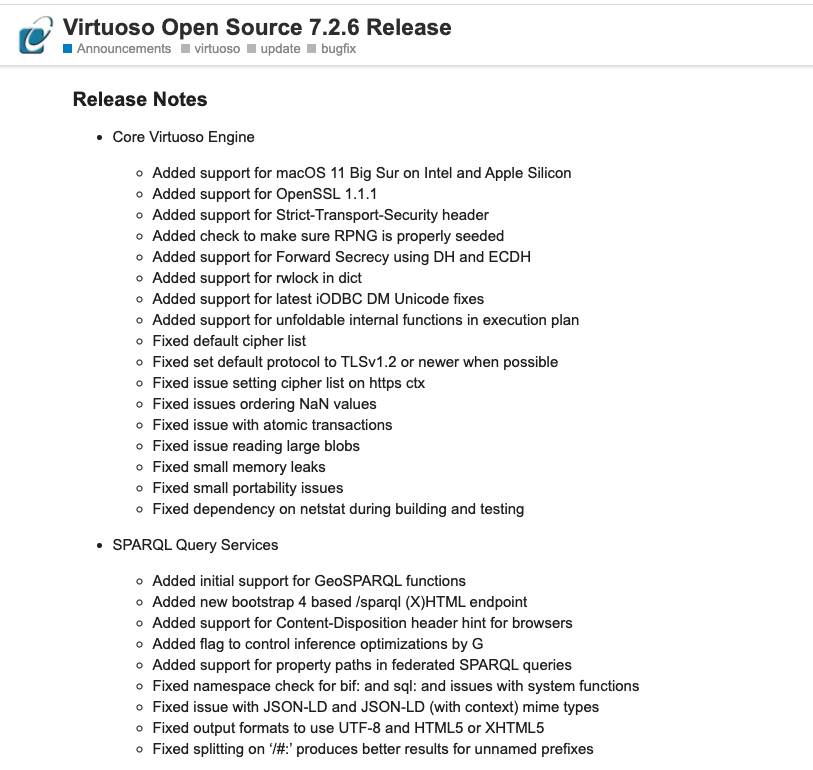 We are pleased to announce immediate availability of the long awaited 7.2.6 stable-edition of the Open Source Edition of our #VirtuosoRDBMS.

community.openlinksw.com/t/virtuoso-ope…

#OpenSource #LinkedData #RDF #KnowledgeGraph #SPARQL #SQL #DBMS #GraphDatabase #LODCloud #SemanticWeb #ODBC #JDBC