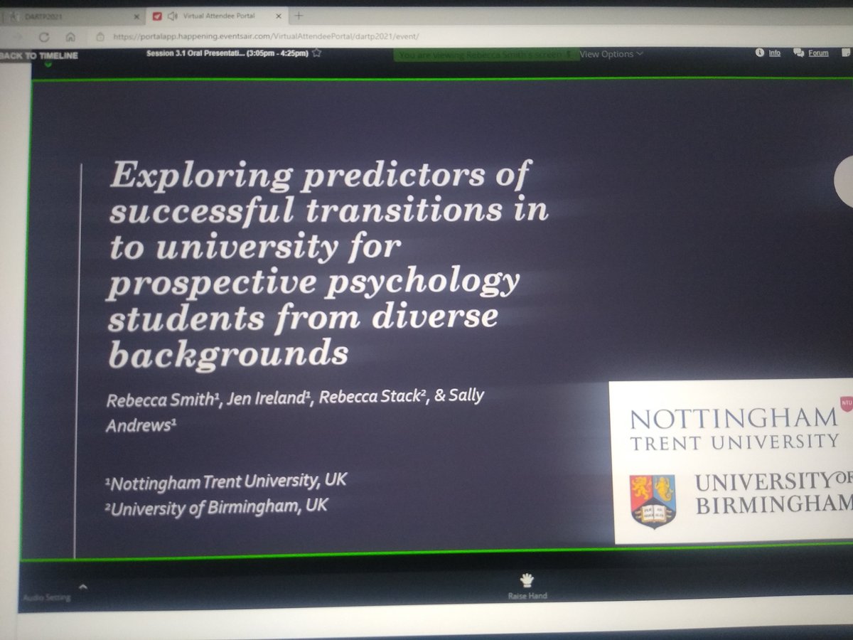 Emma_J_Vardy's tweet photo. Great presentation by @jenireland_ and Rebecca Smith two undergraduate students at @PsychologyNTU on their work predictors of successful transition to Uni for students from diverse backgrounds. #DartpConf https://t.co/SmKHUmDuDi