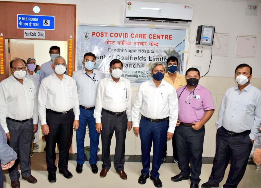 CCLRanchi's tweet photo. CMD Sri PM Prasad along with functional directors inaugurated 'Post Covid Treatment Centre' at Gandhinagar, Ranchi. 

Employees as well as common people who have recovered from #COVID19 can consult psychiatrist, pulmonologist, physiotherapist and other specialists at the centre. https://t.co/T4e3dRxeug