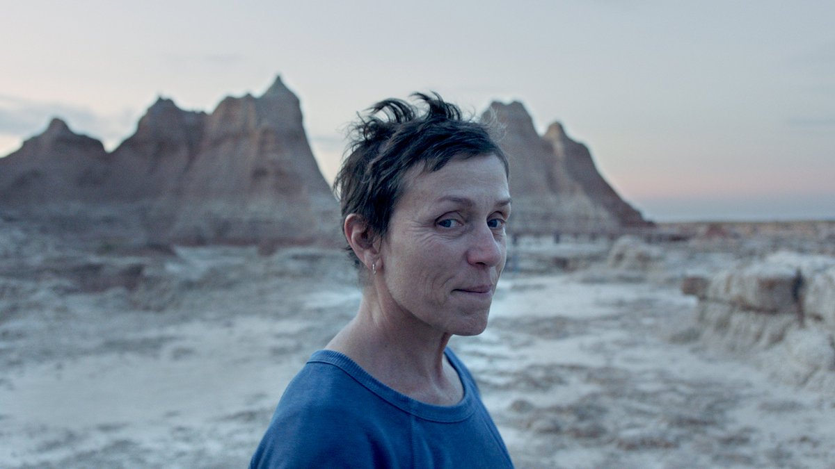 Frances McDormand stands in a mountain range, looking at the camera.