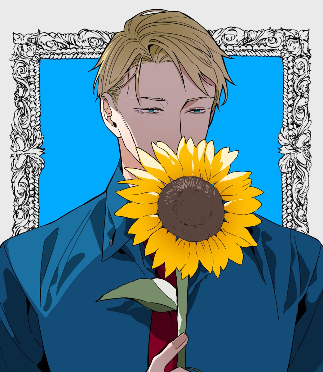 nanami kento male focus flower 1boy blonde hair blue shirt solo shirt  illustration images