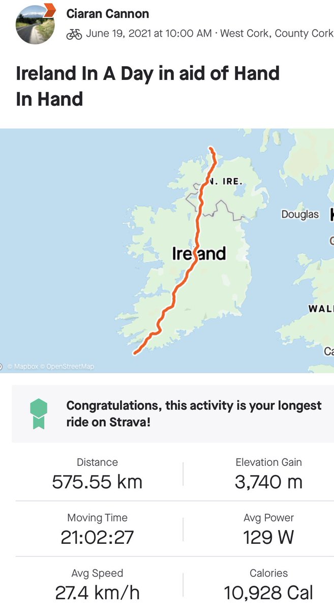 Last Sat, I cycled the length of our beautiful island in 23 hrs:23 mins to support the powerful work of <a href="/HandInHand_ie/">Hand In Hand 🎗</a>, a national charity supporting families challenged by childhood cancer. Please take two minutes to make a small donation here; bit.ly/3tvyTyN Thanks, C