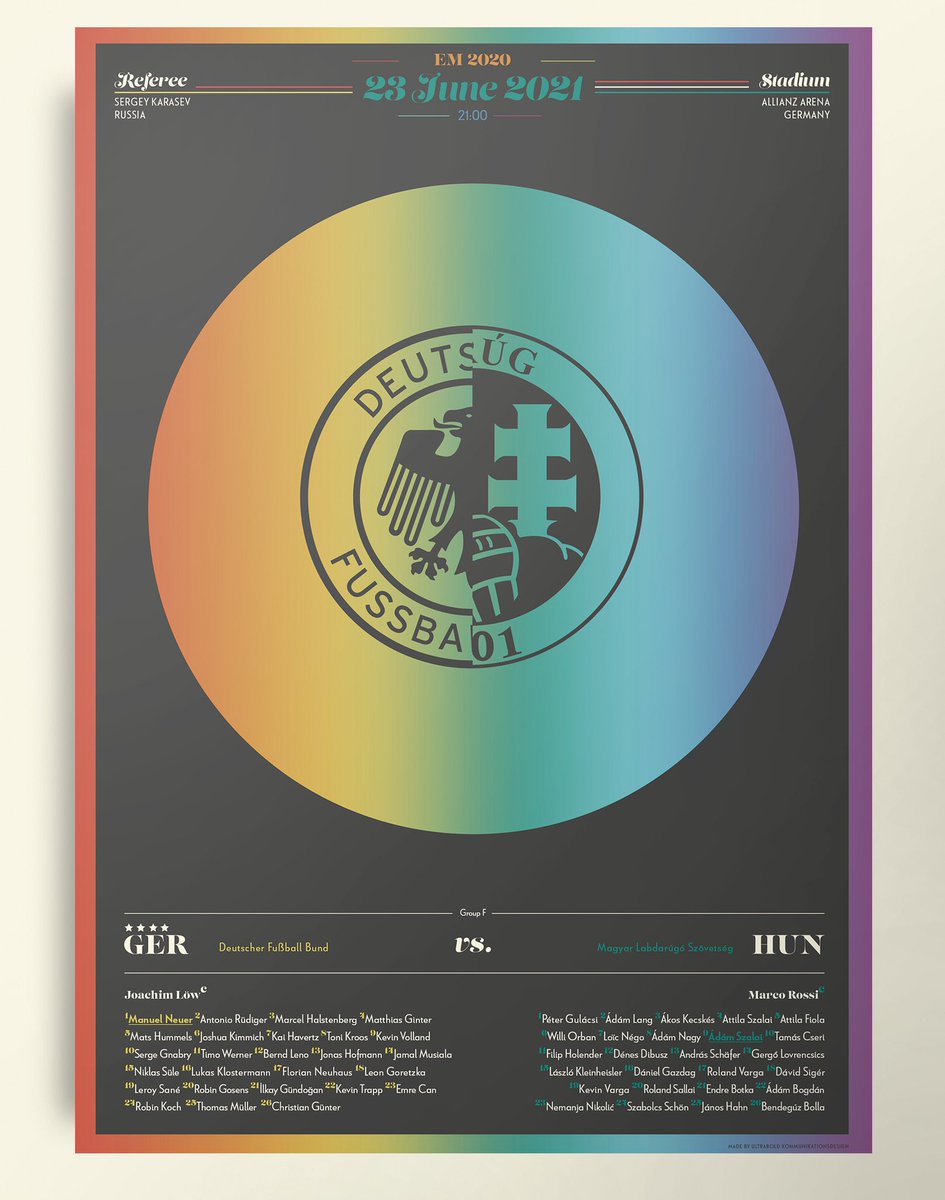 Aus gegebenem Anlass. Das Teaser-Plakat für das Match #gerhun bei der #EM2020 in #Regenbogenfarben für: #ultrabolddesign
instagram.com/ultrabolddesign

#UEFACKUEFA
#MuenchenMachtEsTrotzdem