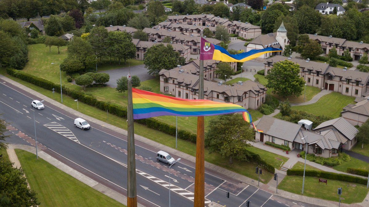 UL's tweet image. Flying the flag loud and proud on Ireland's tallest flagpoles.

@limerickpride #PrideMonth 🏳️‍🌈